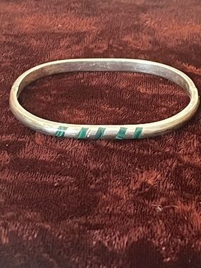 MEMCOS Mexico Malachite Gemstone Sterling Silver 925 Hinged Bangle Bracelet 24g